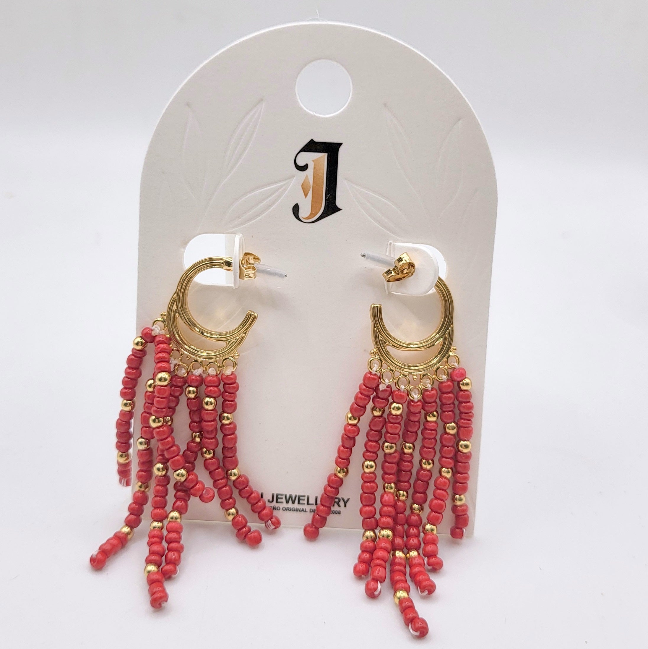 Pendientes de aro dorado con flecos de cuentas de colores - Mayorista | JI JOYA
