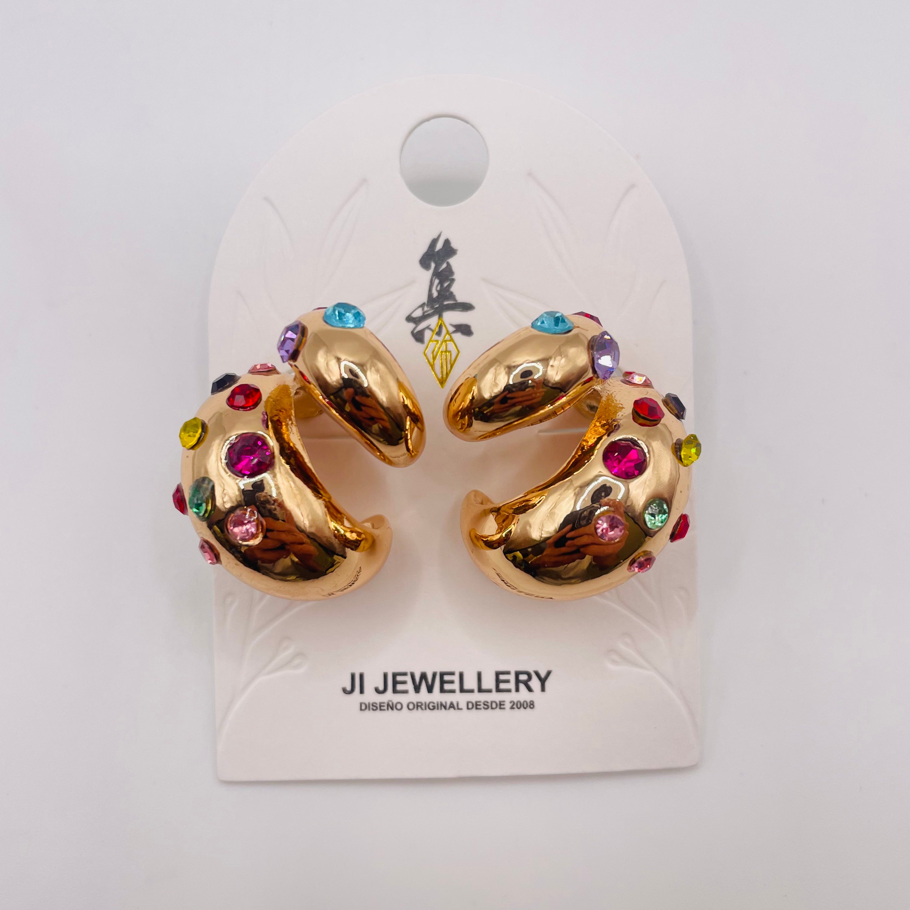 Pendientes Arcoíris Dorados con Cristales de Colores | Joyería Mayorista de Zinc Aleación|JI JOYA