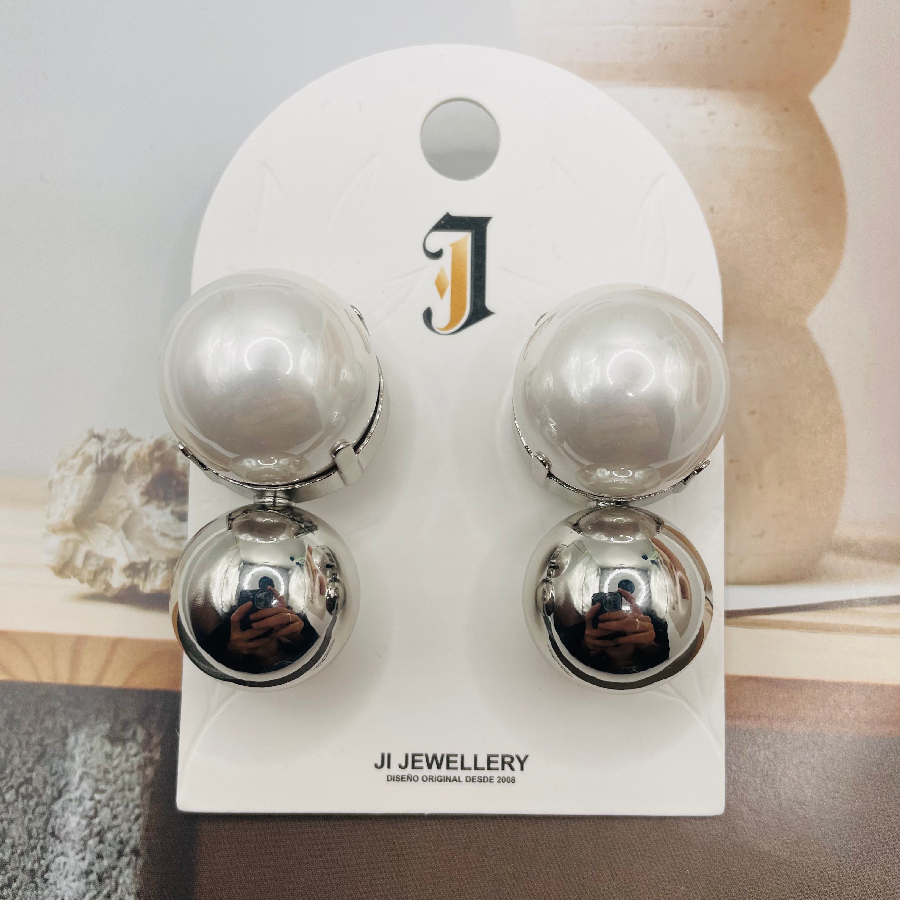 Pendientes de Doble Bola con Perla de Imitación - Dorado y Plateado - Joyería al Por Mayor|JI JOYA