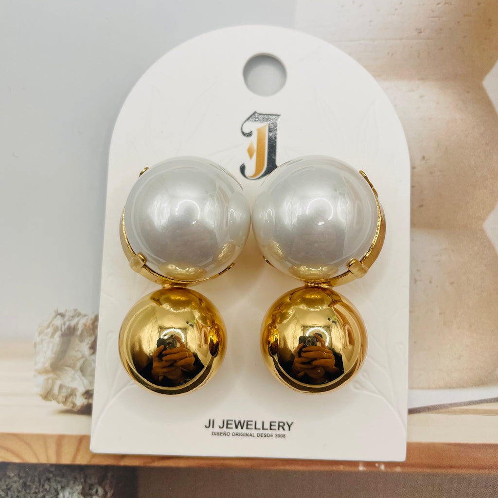 Pendientes de Doble Bola con Perla de Imitación - Dorado y Plateado - Joyería al Por Mayor|JI JOYA