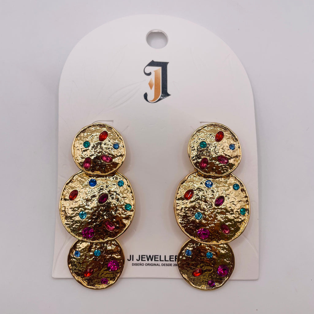 Pendientes Colgantes de 3 Discos con Cristales Multicolores, Diseño Martillado - Oro y Plata|JI JOYA