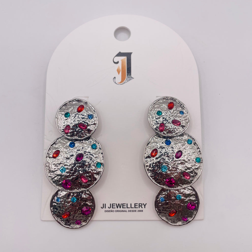 Pendientes Colgantes de 3 Discos con Cristales Multicolores, Diseño Martillado - Oro y Plata|JI JOYA