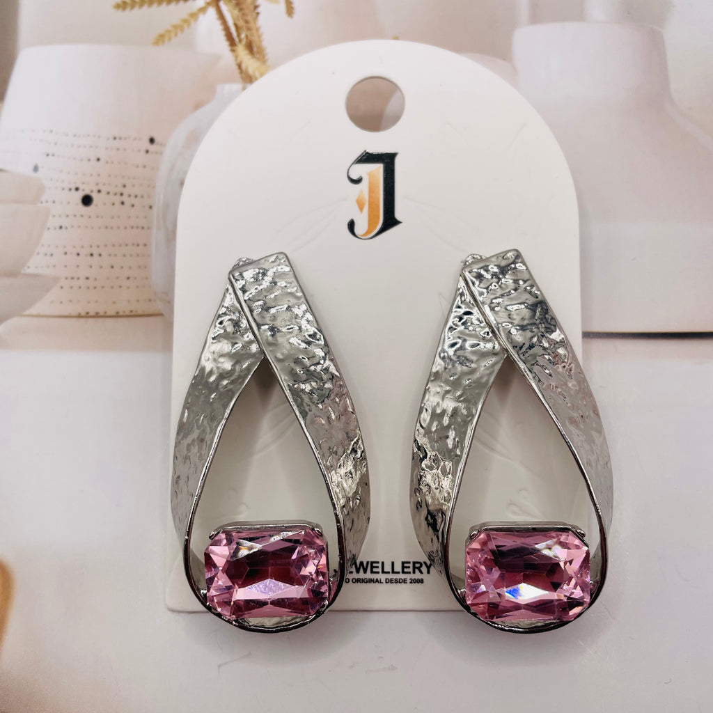 Pendientes de gota martillada con cristal rectangular - 2 colores (dorado/plateado) | Joyería mayorista|JI JOYA