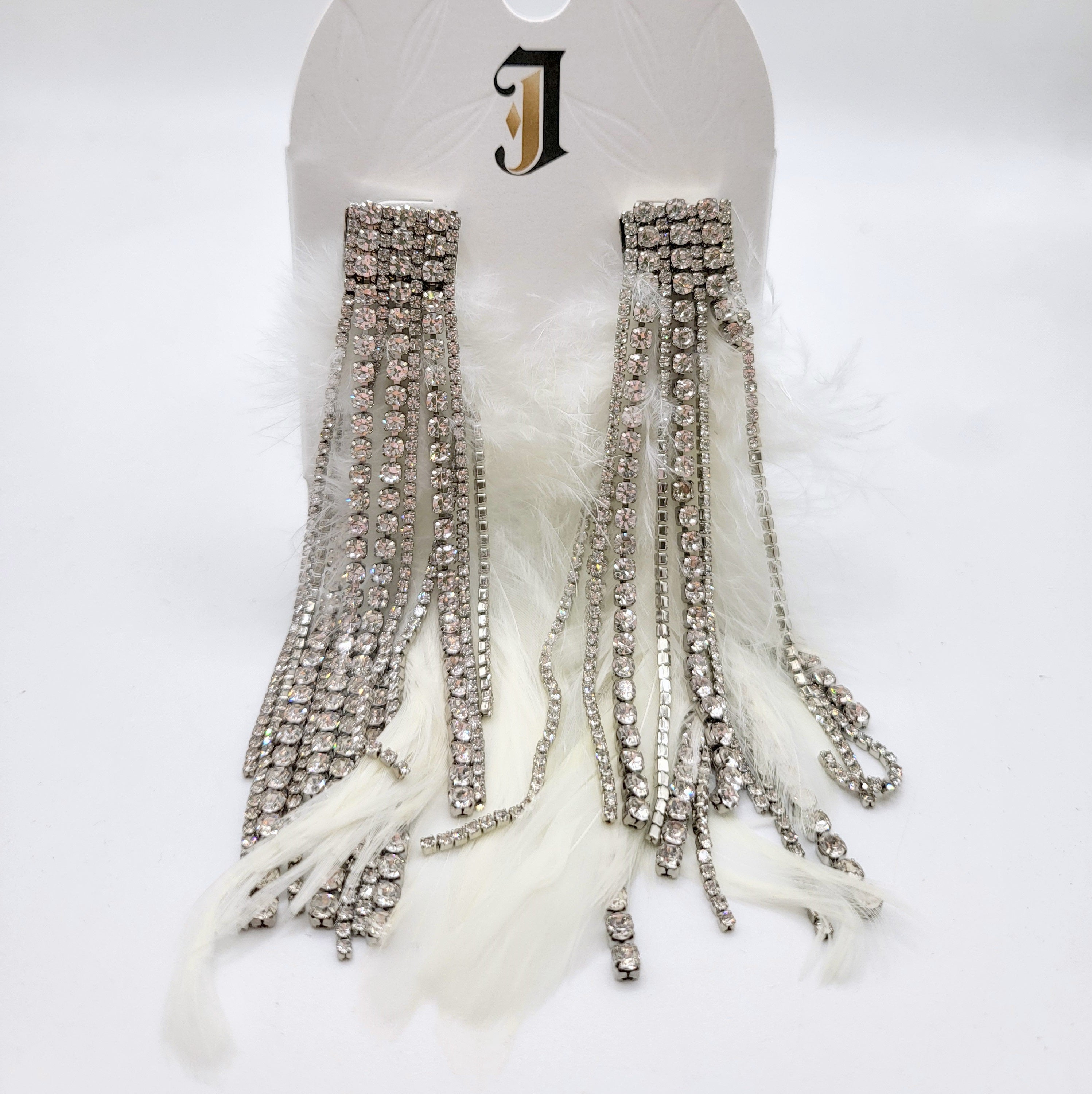 Pendientes de Pluma y Cristal Lujo - Largo Colgante para Eventos|JI JOYA
