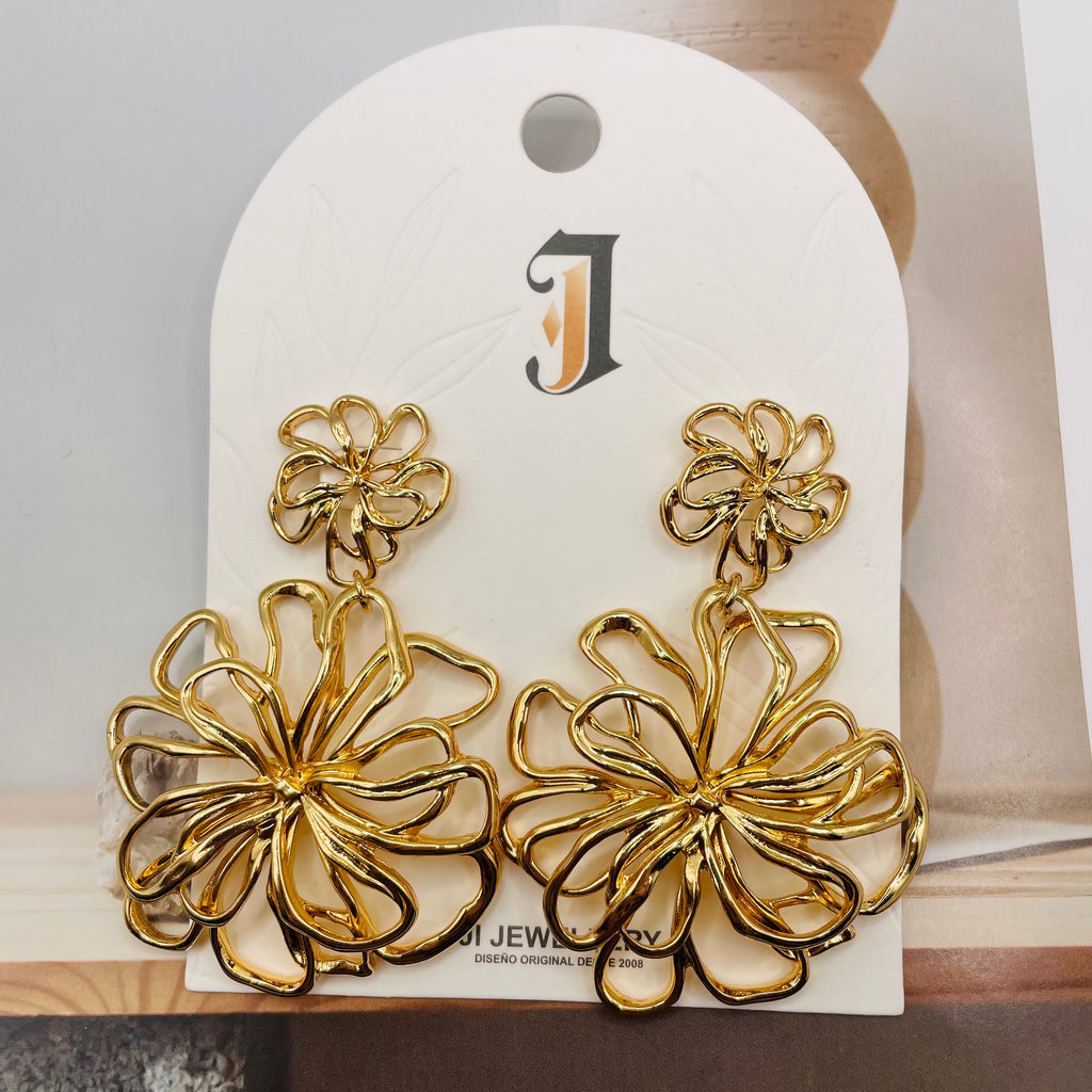 Pendientes de Flor Dorada Doble, Joyería de Zinc Dorado Resistente al Desvanecimiento, Venta al Por Mayor|JI JOYA