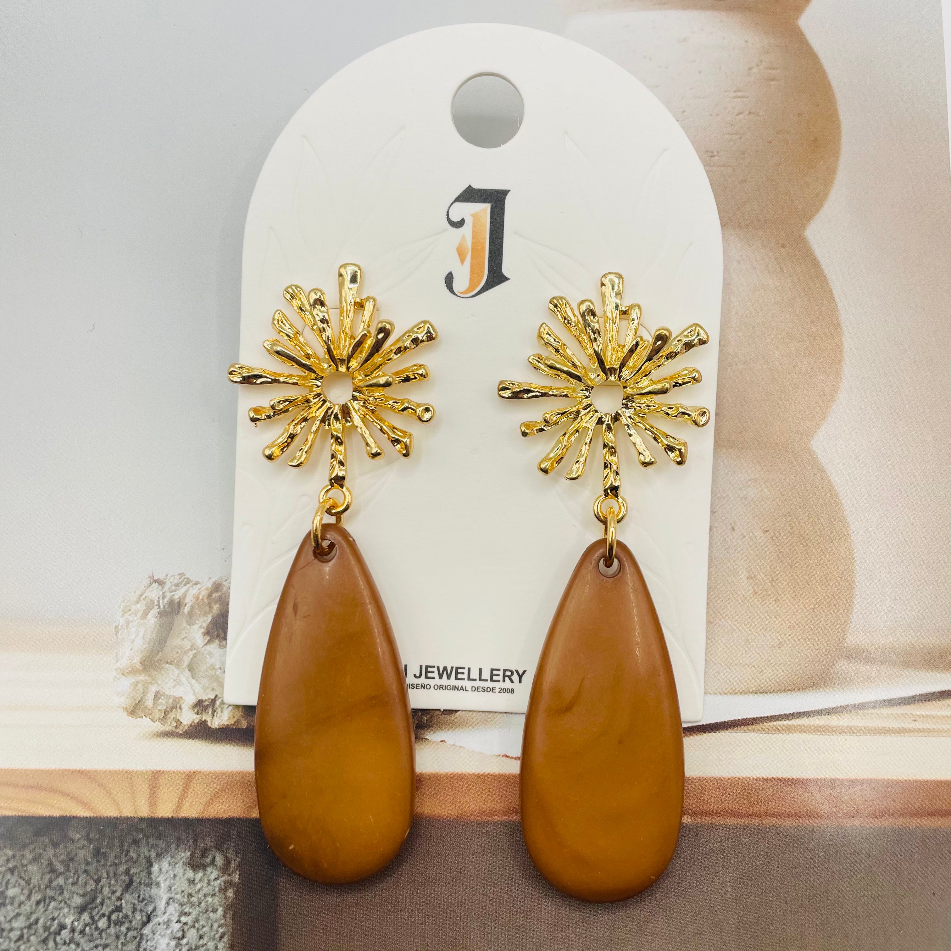 Pendientes Gota Resina con Sol Dorado - 4 Colores | Mayorista de Joyería Moda|JI JOYA
