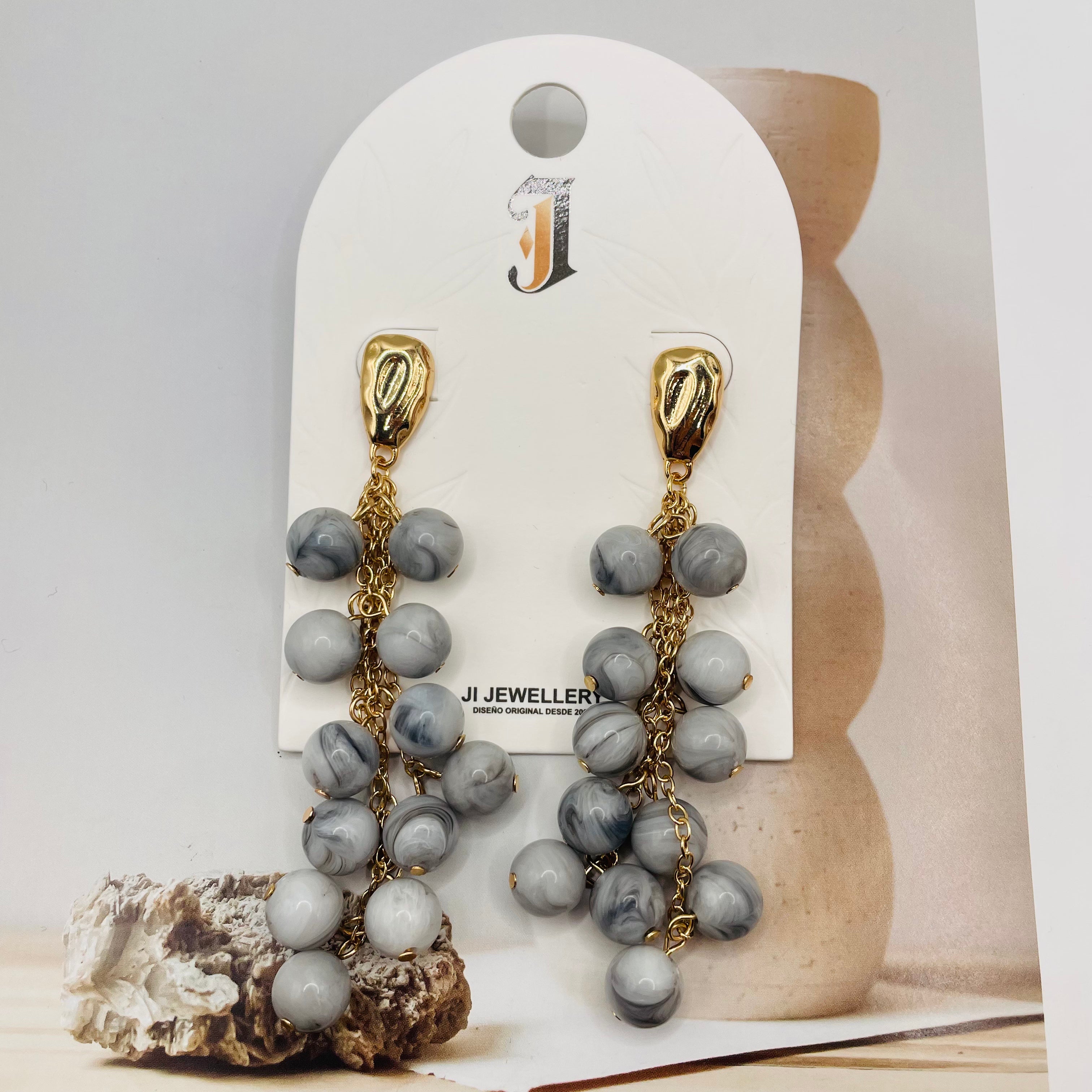 Pendientes de Borla con Cuentas de Resina - Diseño Largo Colgante Chapado en Oro - Joyería de Moda al Por Mayor para Mujer - 6 Colores Disponibles|JI JOYA