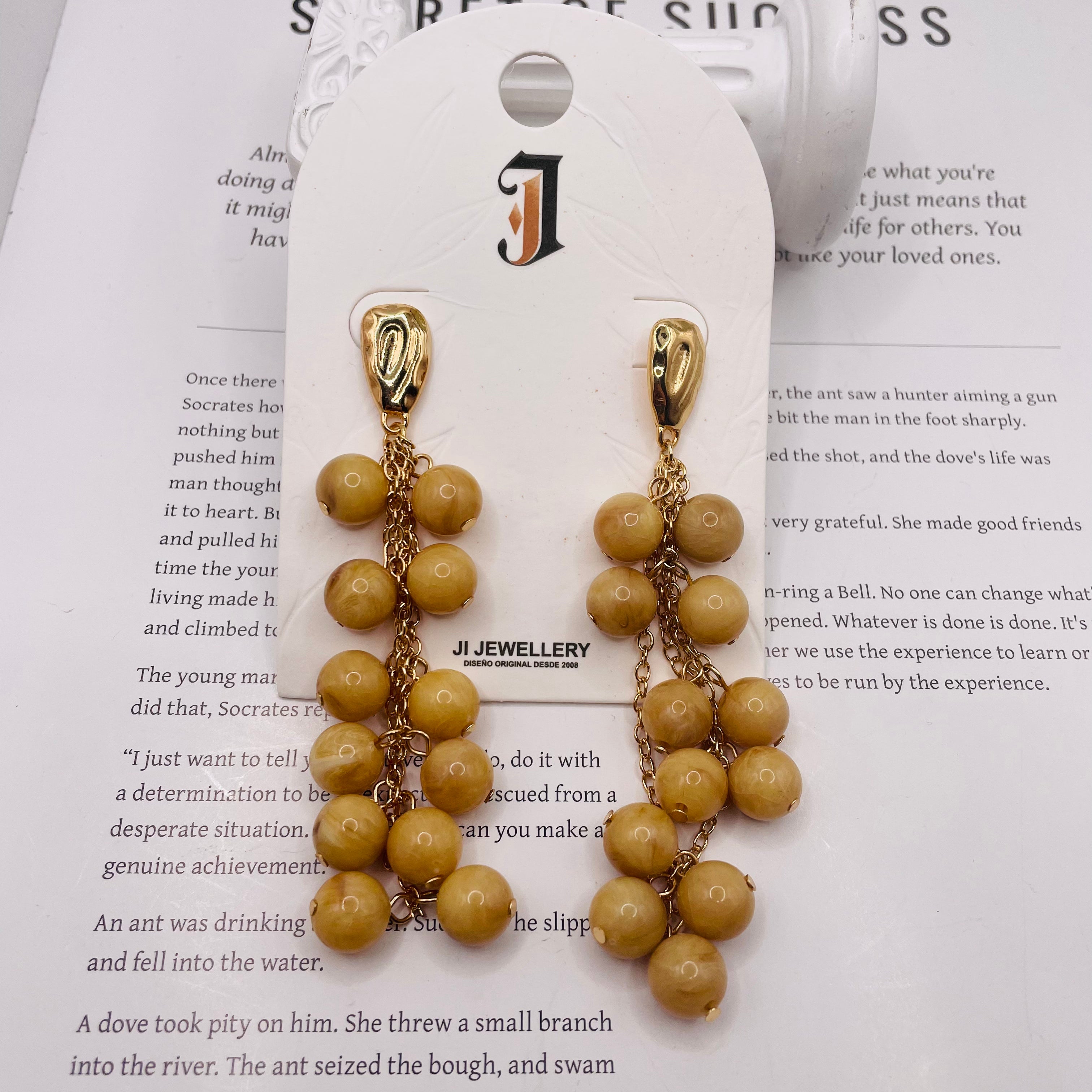 Pendientes de Borla con Cuentas de Resina - Diseño Largo Colgante Chapado en Oro - Joyería de Moda al Por Mayor para Mujer - 6 Colores Disponibles|JI JOYA