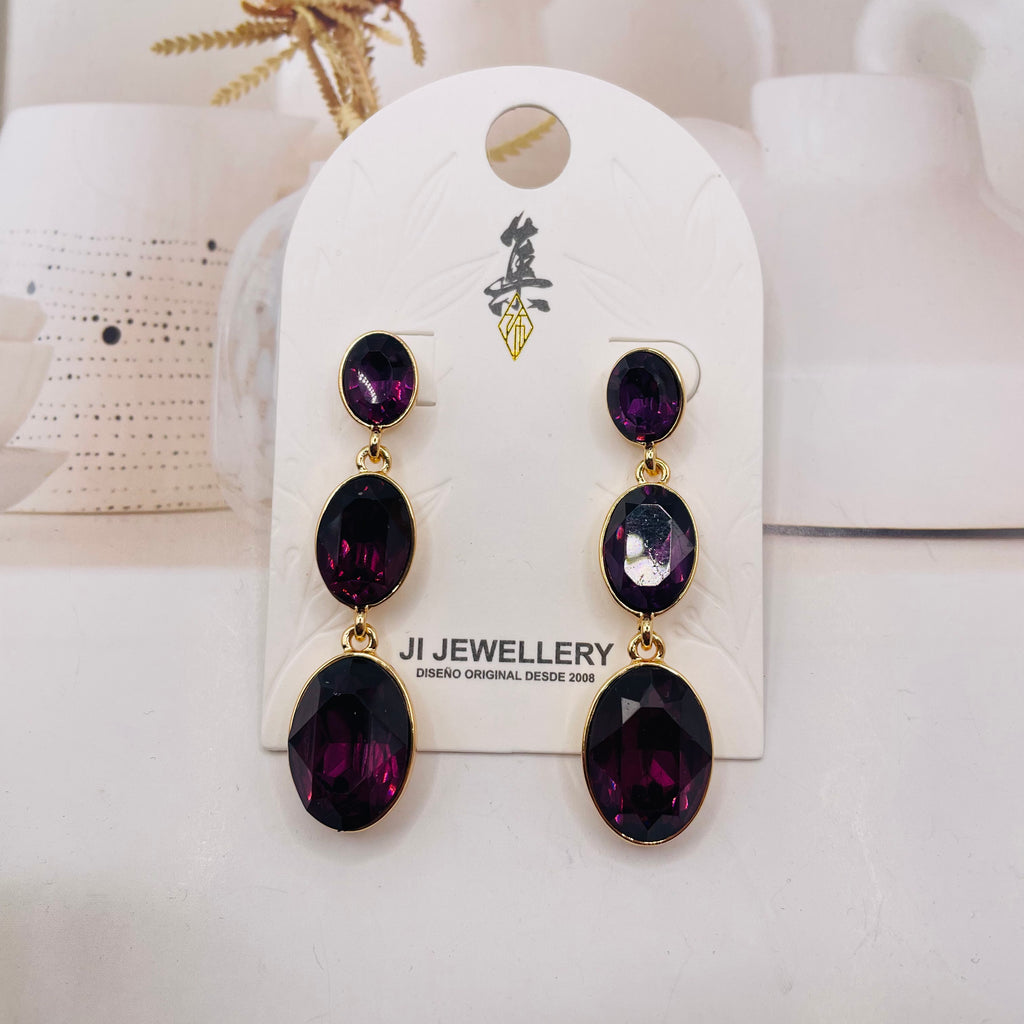 Aretes colgantes de cristal ovalado en 3 colores | Dorado | Joyería mayorista para mujer|JI JOYA