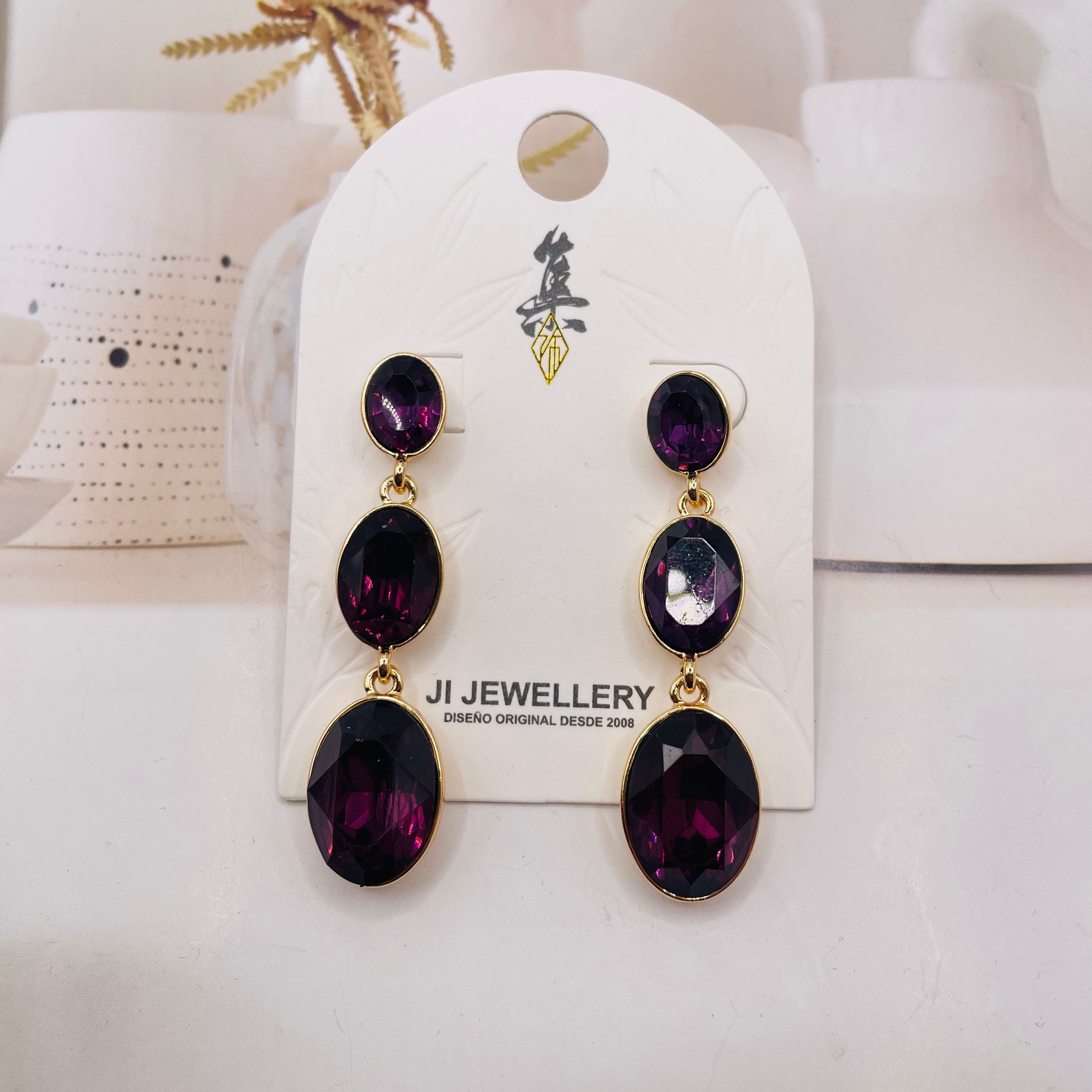 Aretes colgantes de cristal ovalado en 3 colores | Dorado | Joyería mayorista para mujer|JI JOYA