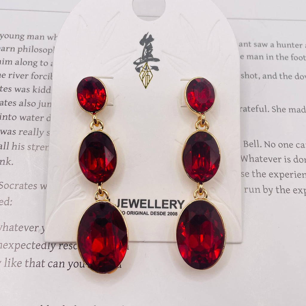 Aretes colgantes de cristal ovalado en 3 colores | Dorado | Joyería mayorista para mujer|JI JOYA