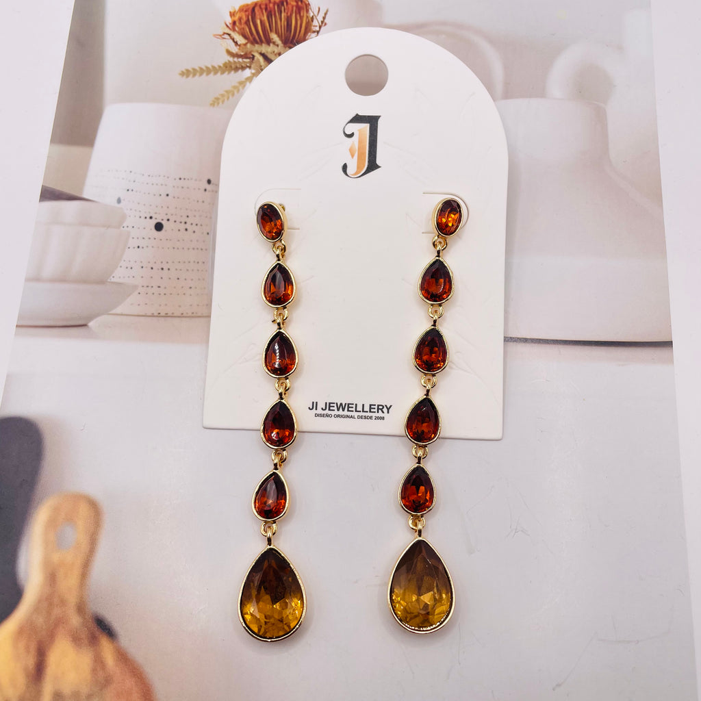 Pendientes Largos de Gota Degradada con Cristales - Joyería de Moda Dorada, 2 Colores, Venta al Por Mayor|JI JOYA