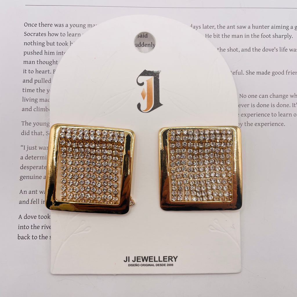 Pendientes Cuadrados de Zirconia en Oro Imitación - Joyería Mayorista|JI JOYA