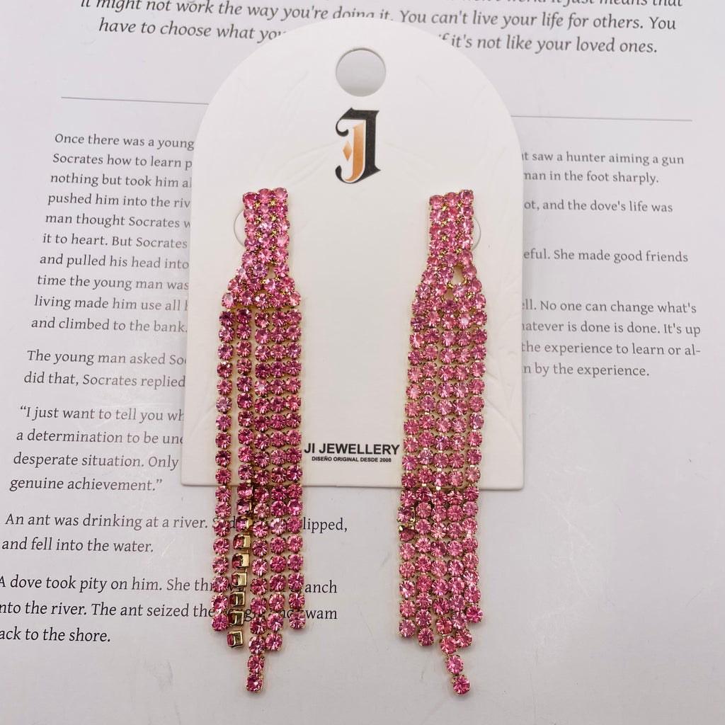 Pendientes de Largo Colgante con Cristales Rosa Brillantes | Joyería de Fiesta para Mayoristas|JI JOYA