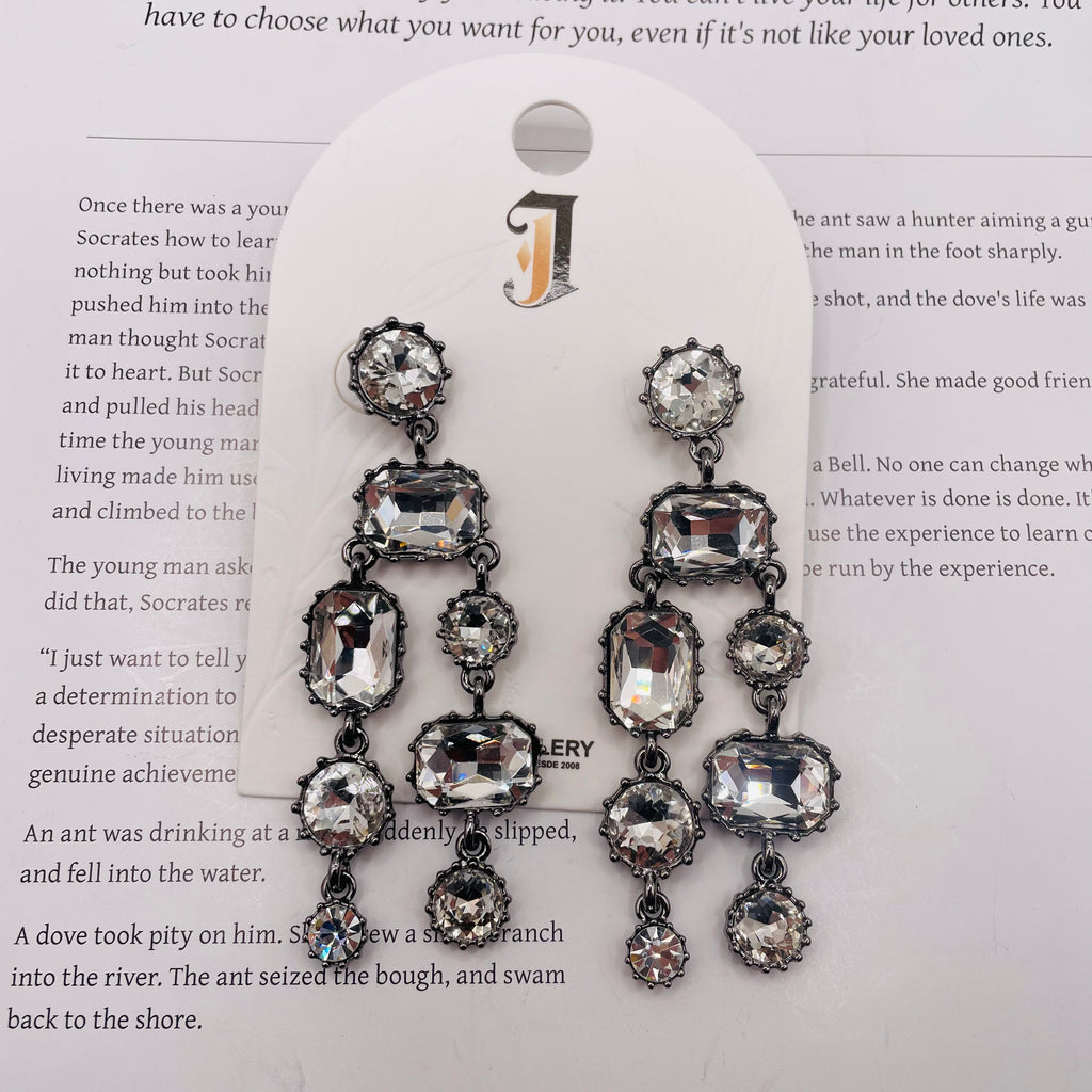 Pendientes Largos de Cristal Transparente, Diseño Vintage con Montura en Metal Negro, Bisutería de Moda al Por Mayor|JI JOYA