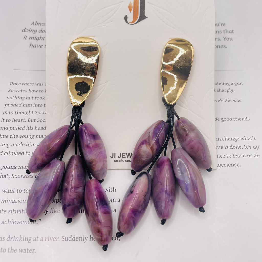 Set de Joyería al Por Mayor Collar Pulsera Pendientes, Cuentas Elípticas Marmoladas, 2 Tonos Morado y Azul Marino|JI JOYA