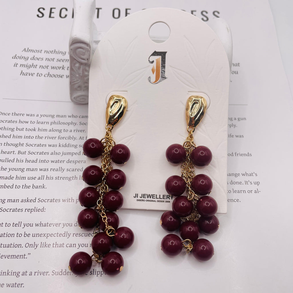 Pendientes de Borla con Cuentas de Resina - Diseño Largo Colgante Chapado en Oro - Joyería de Moda al Por Mayor para Mujer - 6 Colores Disponibles|JI JOYA