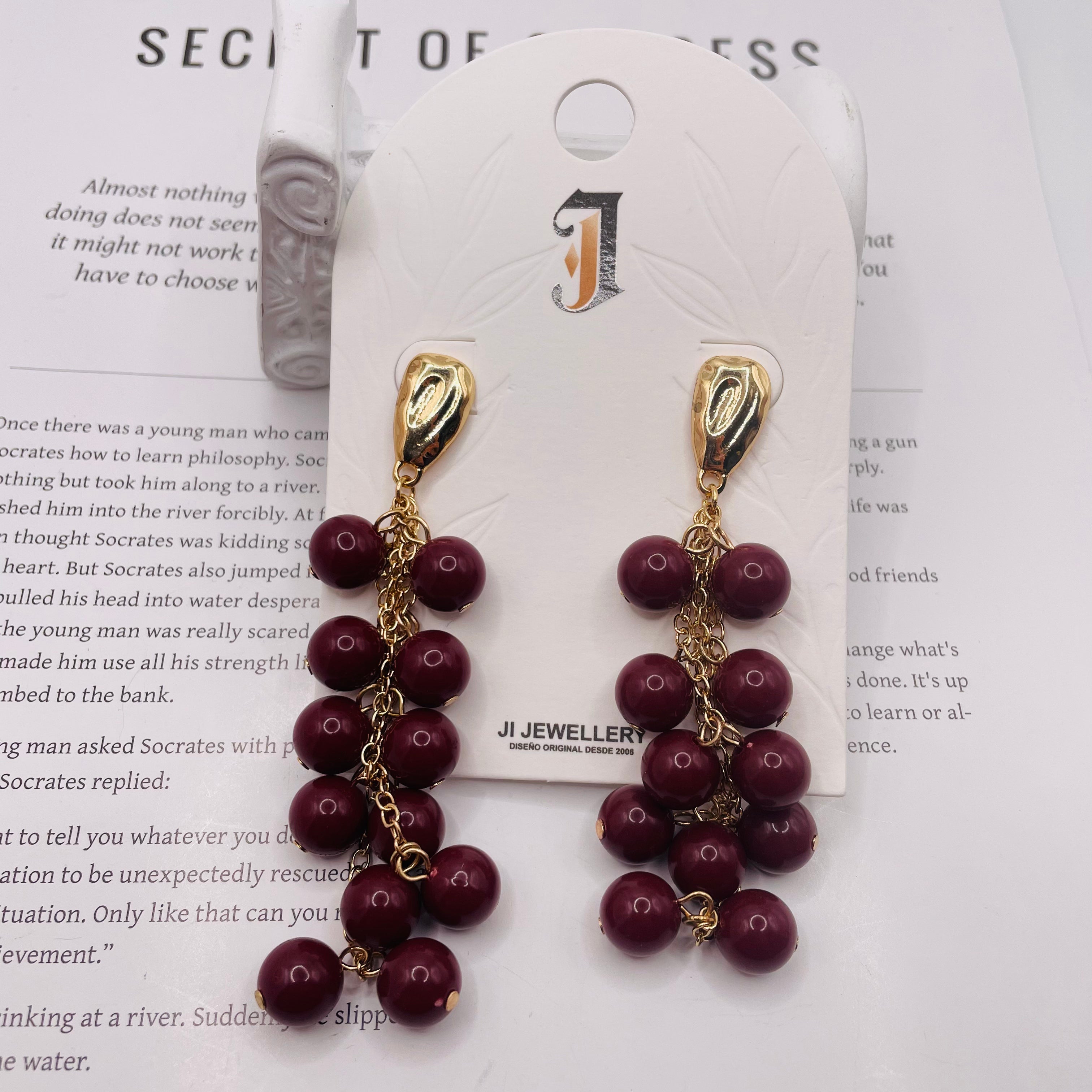 Pendientes de Borla con Cuentas de Resina - Diseño Largo Colgante Chapado en Oro - Joyería de Moda al Por Mayor para Mujer - 6 Colores Disponibles|JI JOYA