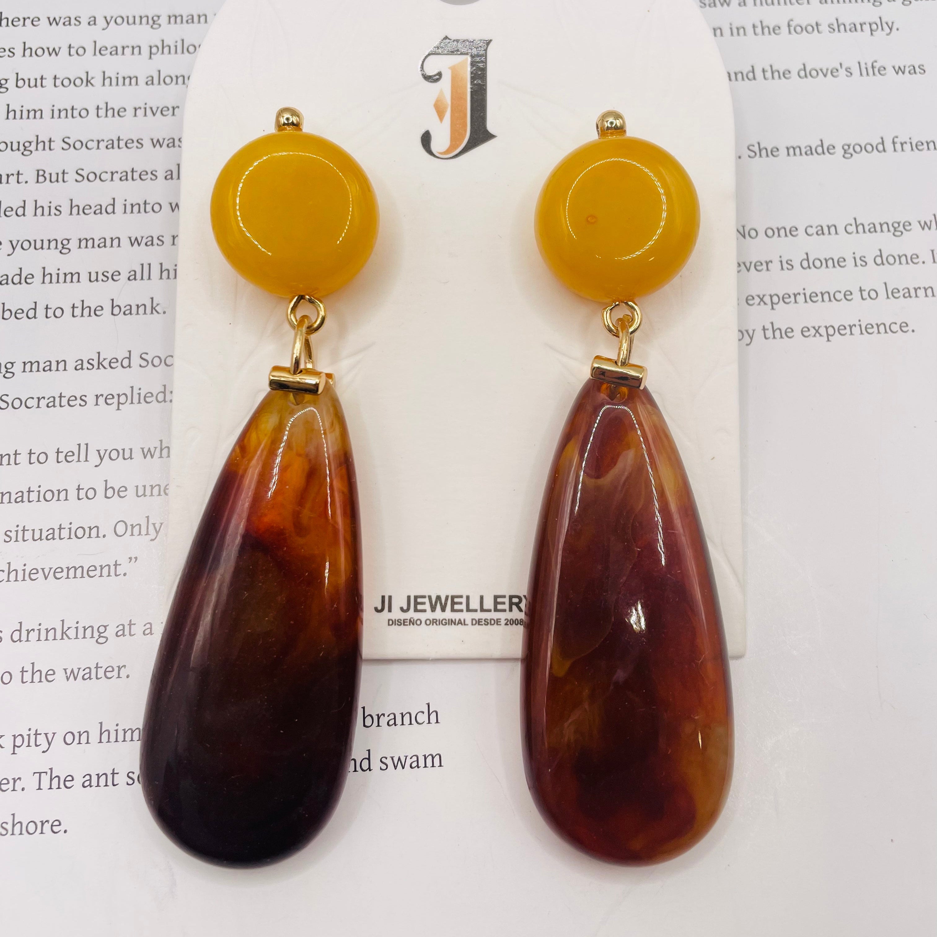 Pendientes Gota Ámbar y Amarillo | Joyería de Moda al Por Mayor|JI JOYA
