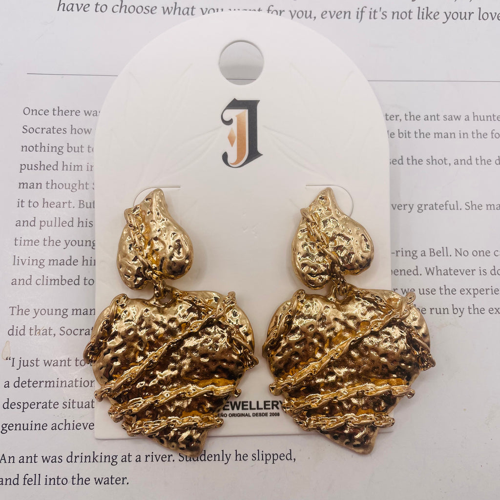 Pendientes de Corazón Texturizado Dorado al Por Mayor | Joyería de Moda Mayorista|JI JOYA