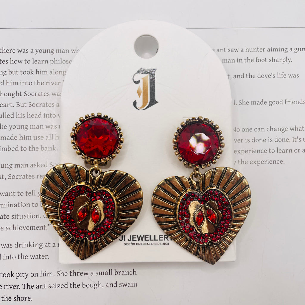 Arete Corazón Vintage con Cristal Rojo - Joyería al Por Mayor|JI JOYA