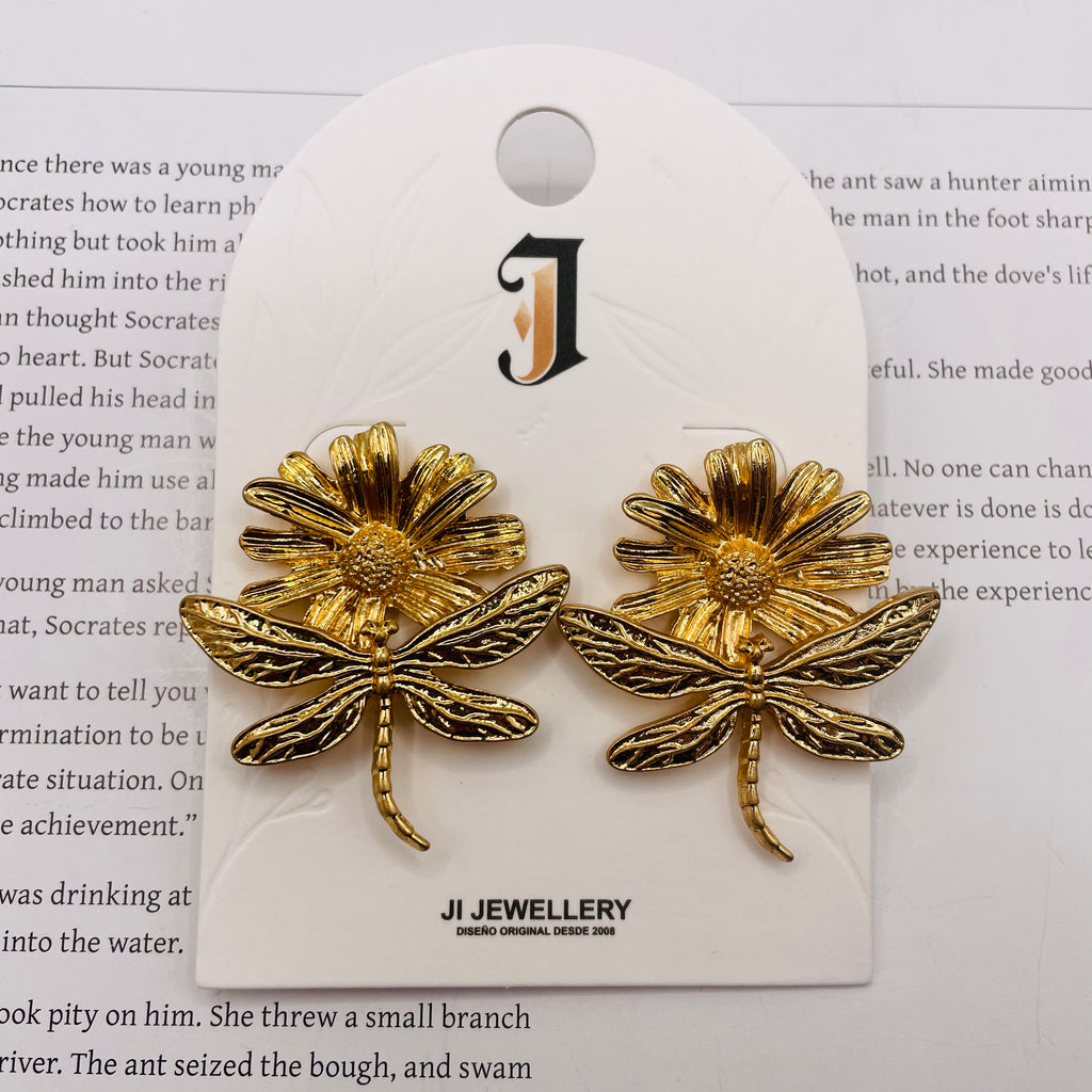 Pendientes de Libélula y Margarita Vintage | Mayoreo B2B | 2 Colores Disponibles|JI JOYA