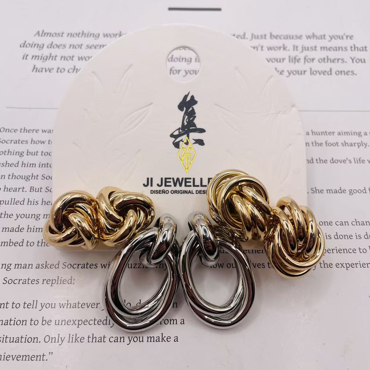 Pendientes de Nudo Bicolor Oro y Plata, Diseño Geométrico, Joyería de Moda Mayorista|JI JOYA