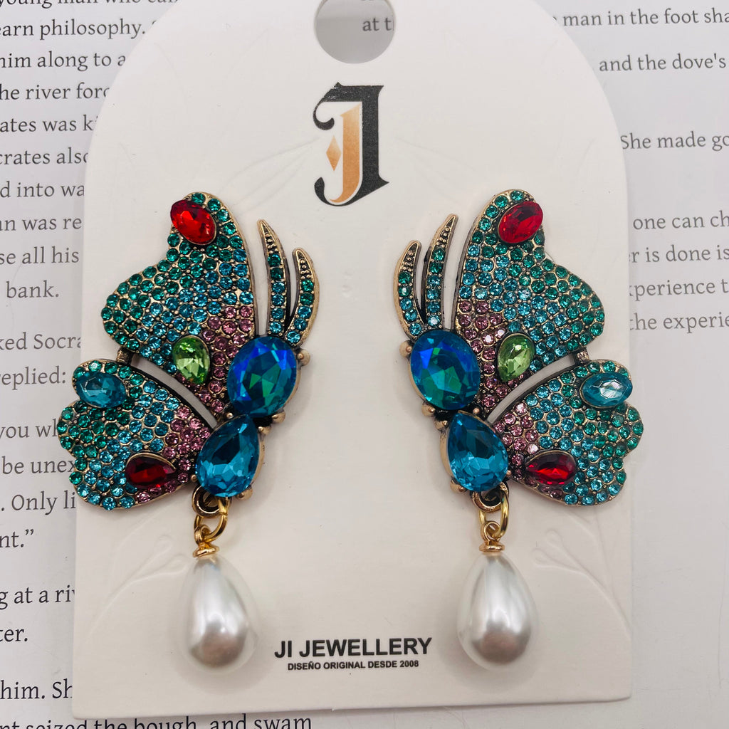 Pendientes Mariposa Vintage con Cristales Multicolor y Perla de Gota | Joyería al Por Mayor para Mujer|JI JOYA