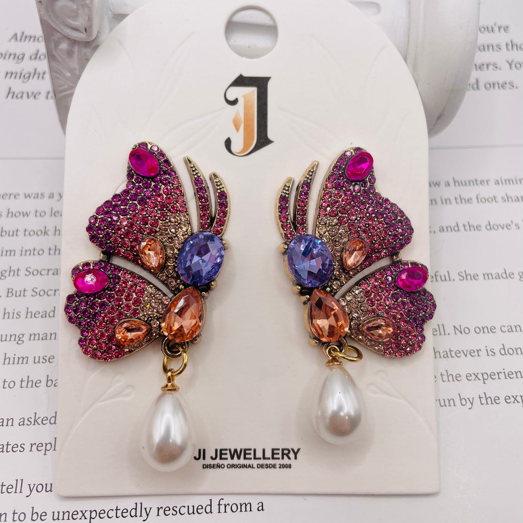 Pendientes Mariposa Vintage con Cristales Multicolor y Perla de Gota | Joyería al Por Mayor para Mujer|JI JOYA