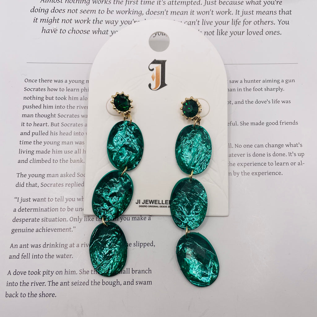 Pendientes de Resina Verde Esmeralda con Circonita, Largos y Elegantes, Moda Mayorista|JI JOYA