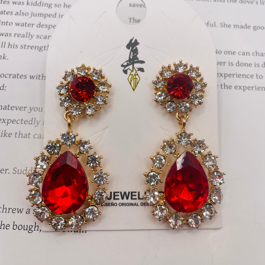 Pendientes de gota de cristal rojo lujoso | Joyería al por mayor|JI JOYA
