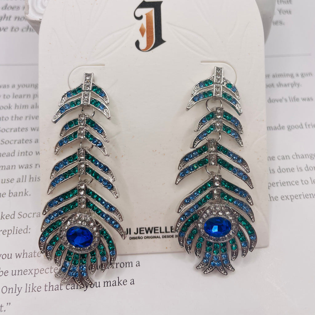 Pendientes de Pluma de Pavo Real con Cristales de Zafiro y Esmeralda - Joyería de Moda al Por Mayor|JI JOYA