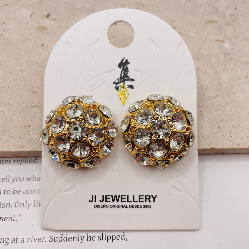 Pendientes de Botón con Cristales Brillantes, Diseño Redondo Dorado/Plateado, Joyería de Moda para Mujer, Mayorista B2B|JI JOYA