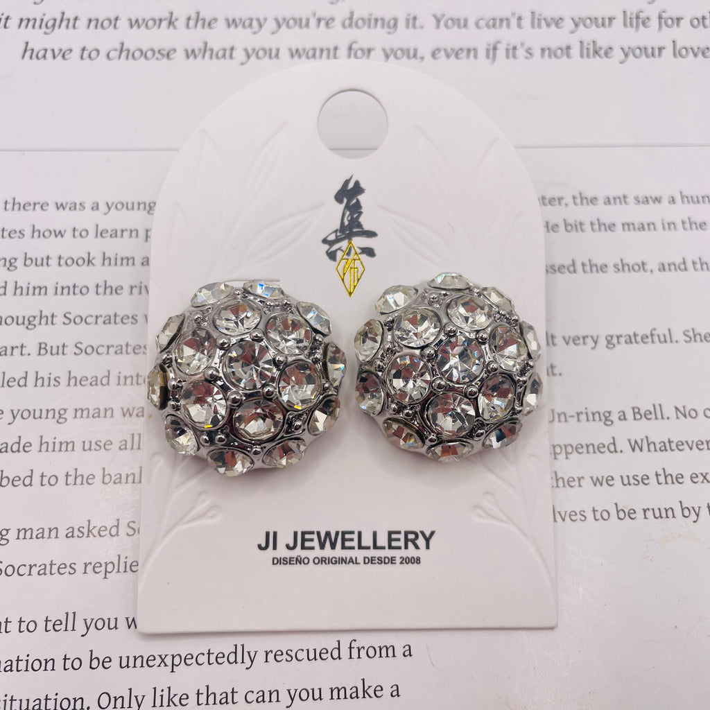 Pendientes de Botón con Cristales Brillantes, Diseño Redondo Dorado/Plateado, Joyería de Moda para Mujer, Mayorista B2B|JI JOYA