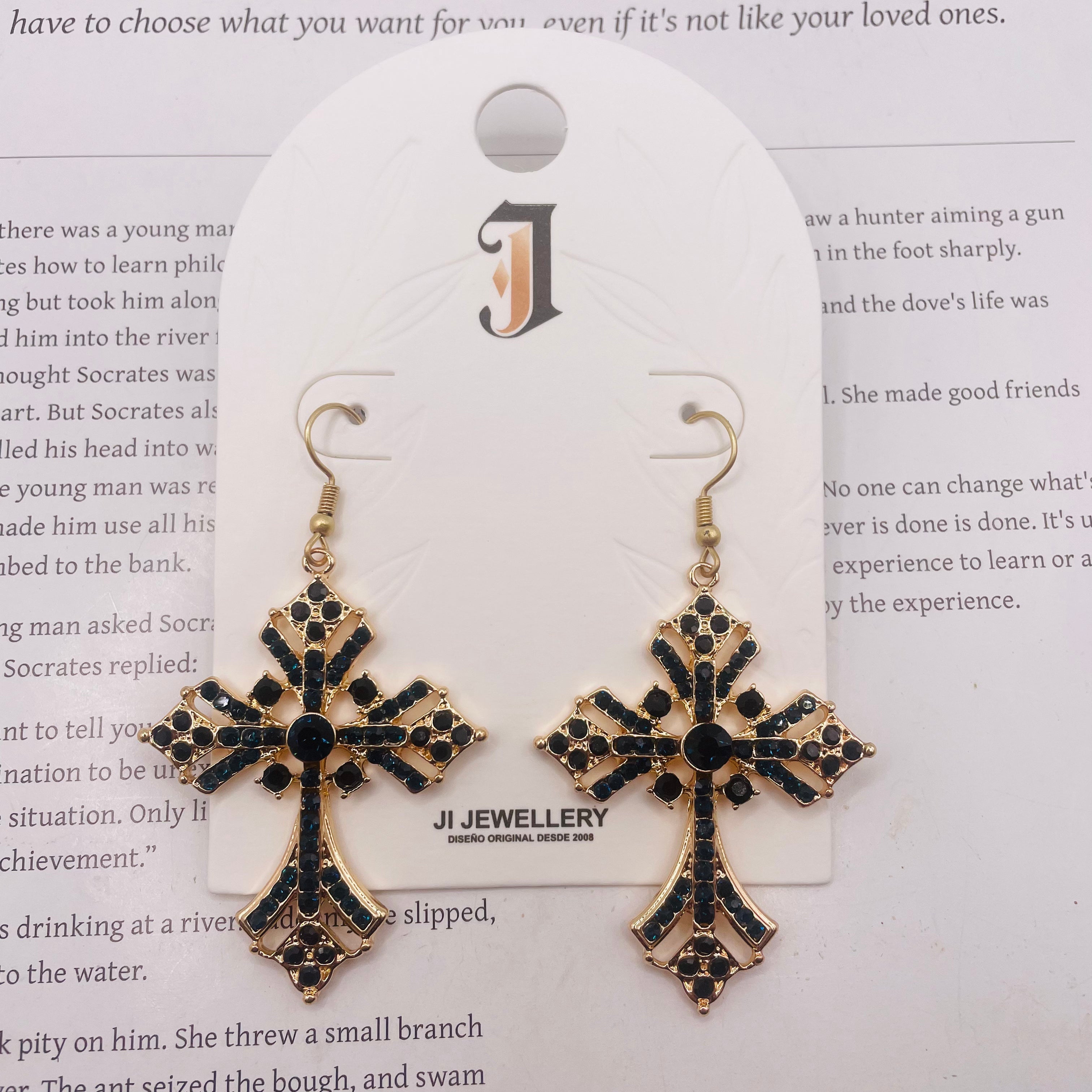 endientes de Cruz Vintage con Cristales Negros, Dorado/Plateado, Joyería de Moda al Por Mayor para Mujeres|JI JOYA