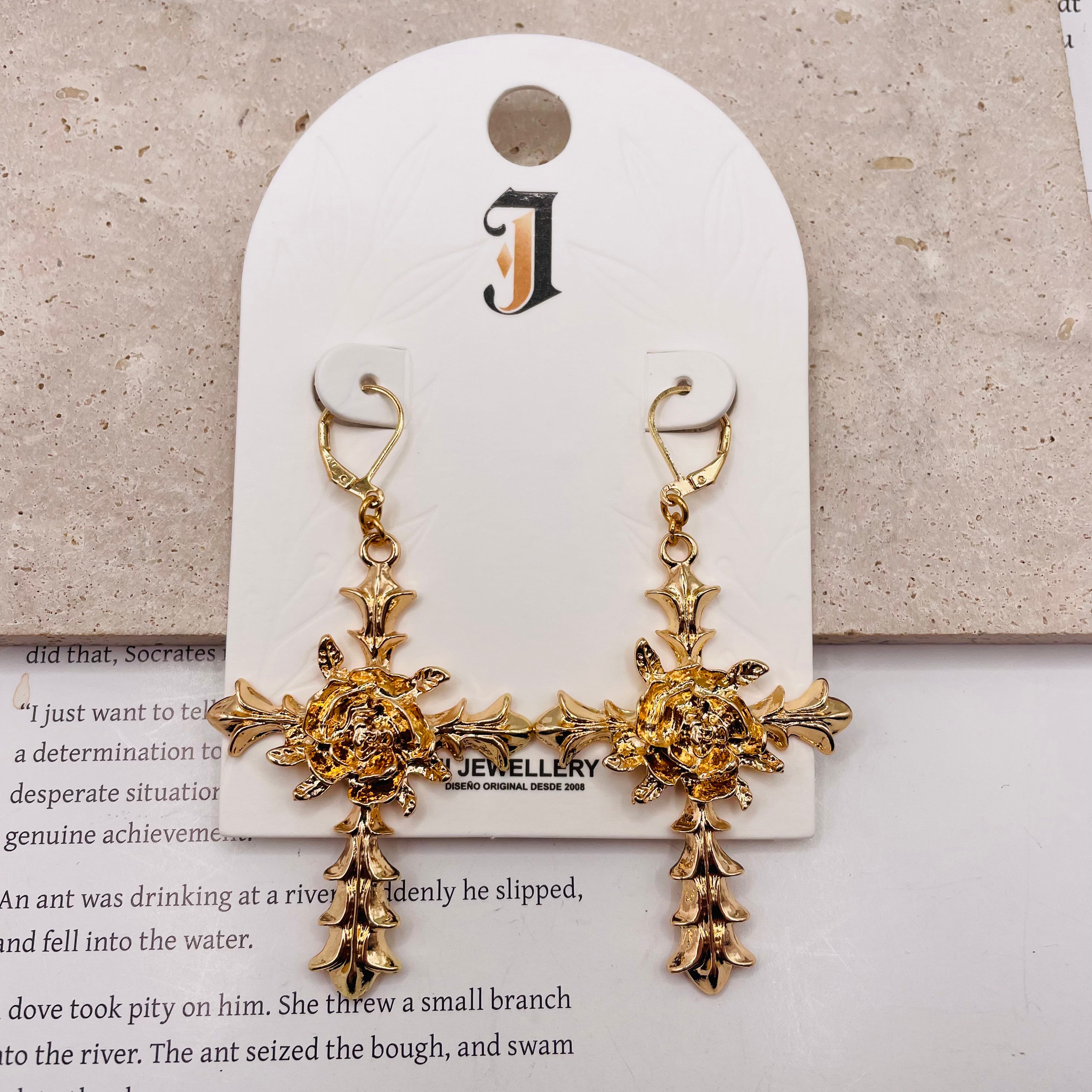 Pendientes de Cruz con Rosa Gótica en Zinc - Oro y Plata, Joyería de Moda al Por Mayor