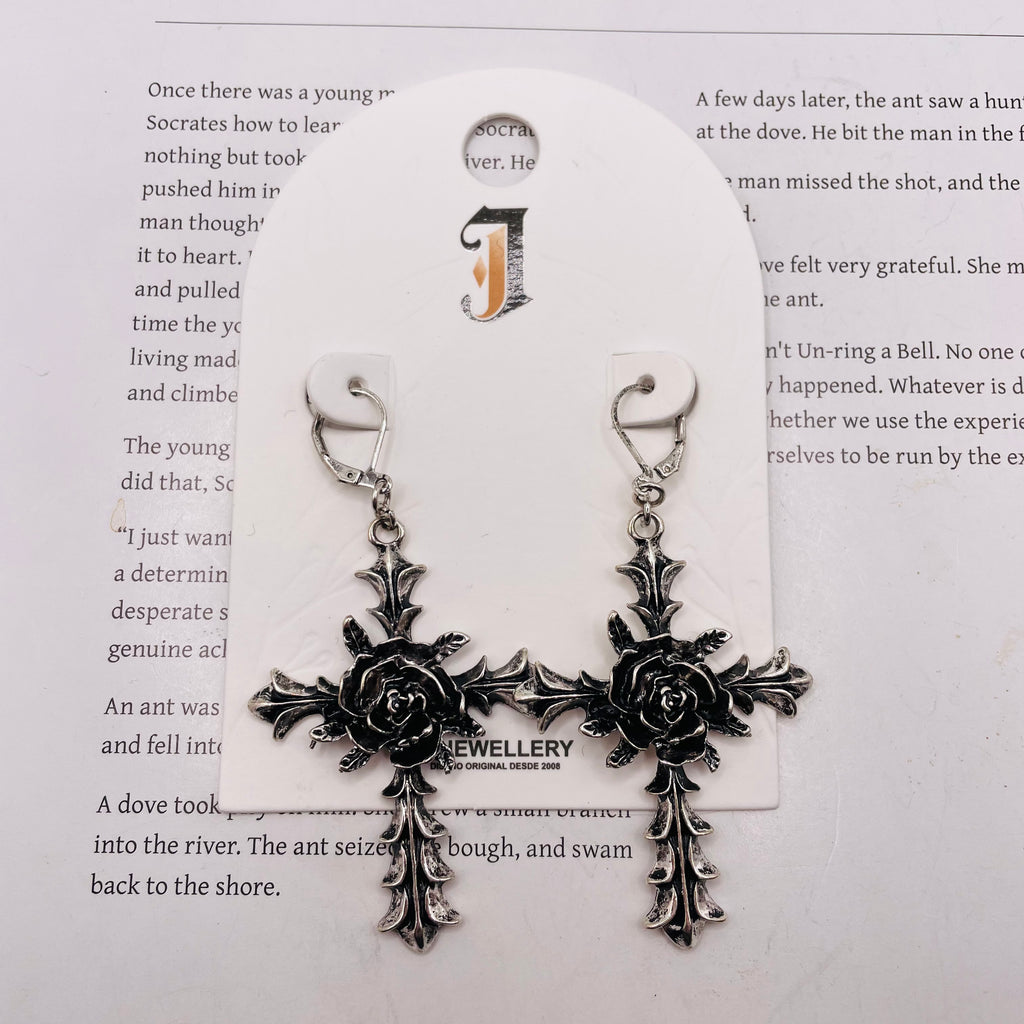 Pendientes de Cruz con Rosa Gótica en Zinc - Oro y Plata, Joyería de Moda al Por Mayor