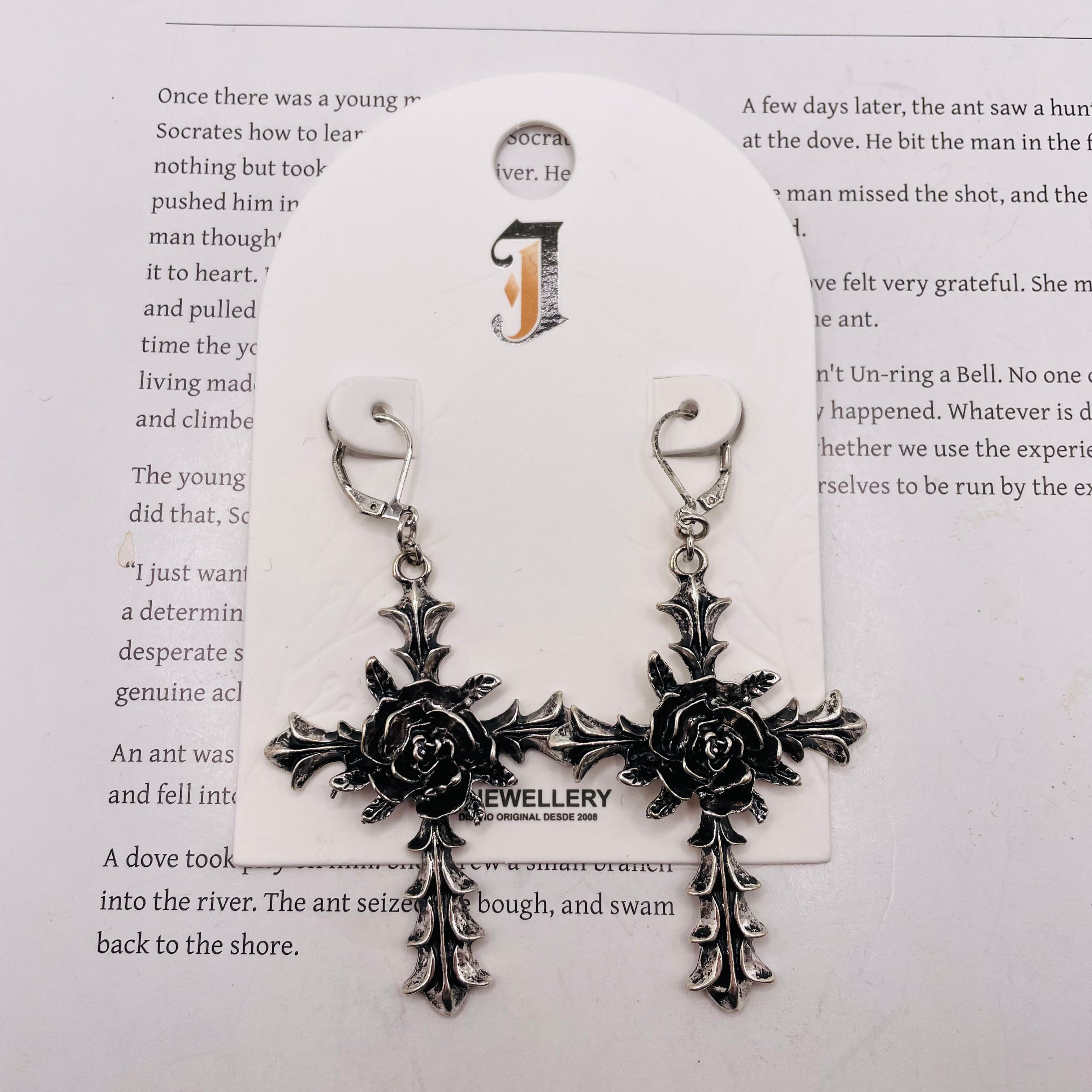 Pendientes de Cruz con Rosa Gótica en Zinc - Oro y Plata, Joyería de Moda al Por Mayor