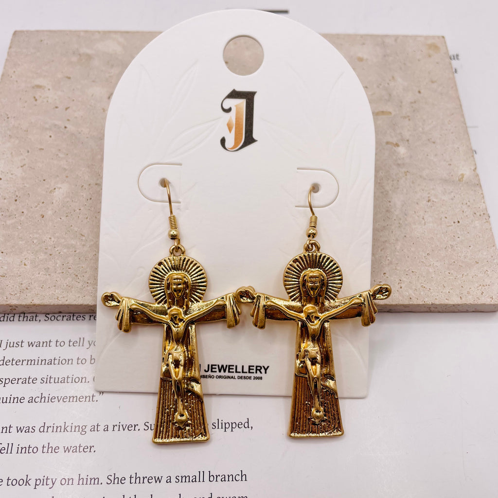 Pendientes de Cristo en Cruz Gótica en Zinc - Oro y Plata, Joyería de Moda al Por Mayor
