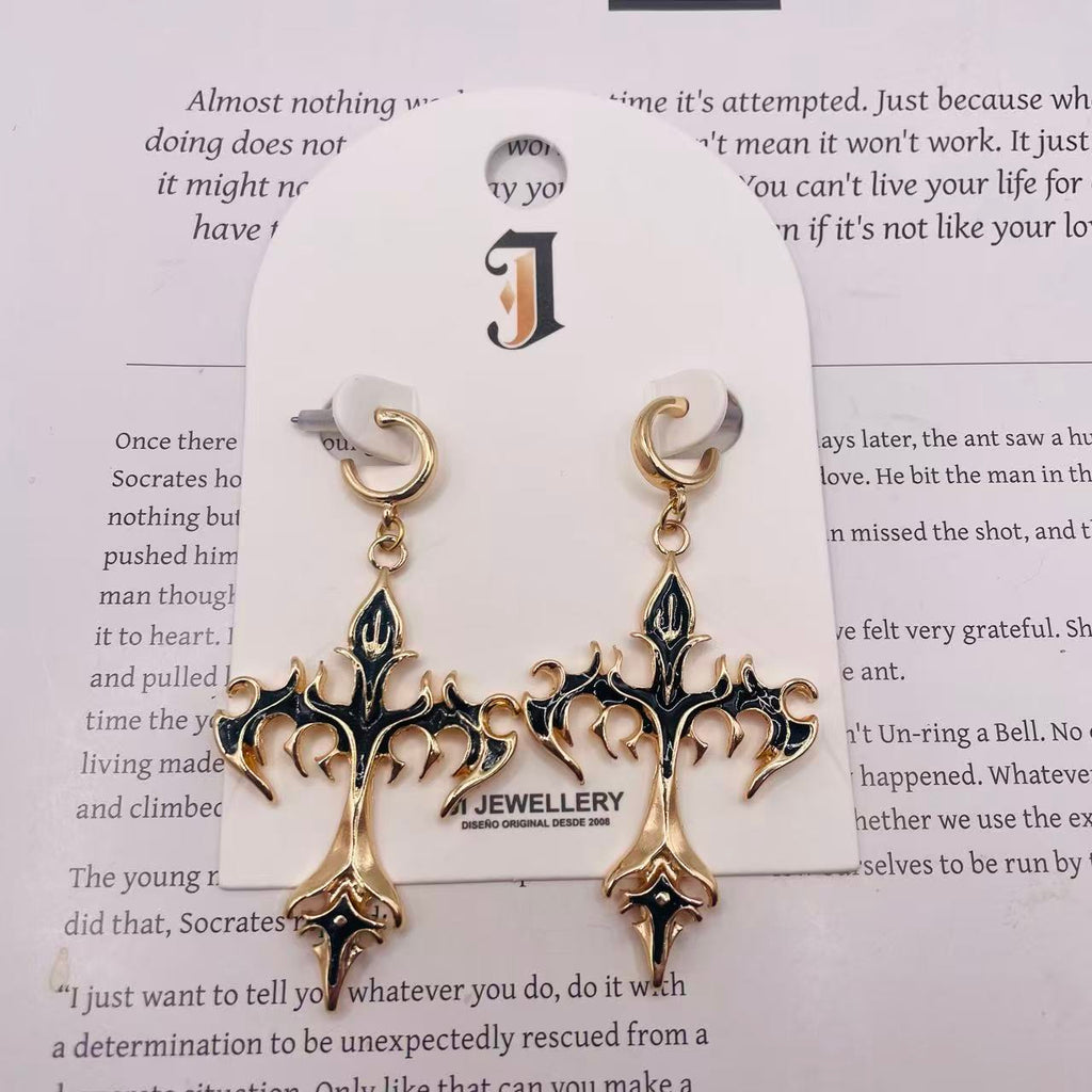Pendientes de Cruz Gótica en Zinc con Esmalte Negro - Oro y Plata, Joyería de Moda al Por Mayor|JI JOYA