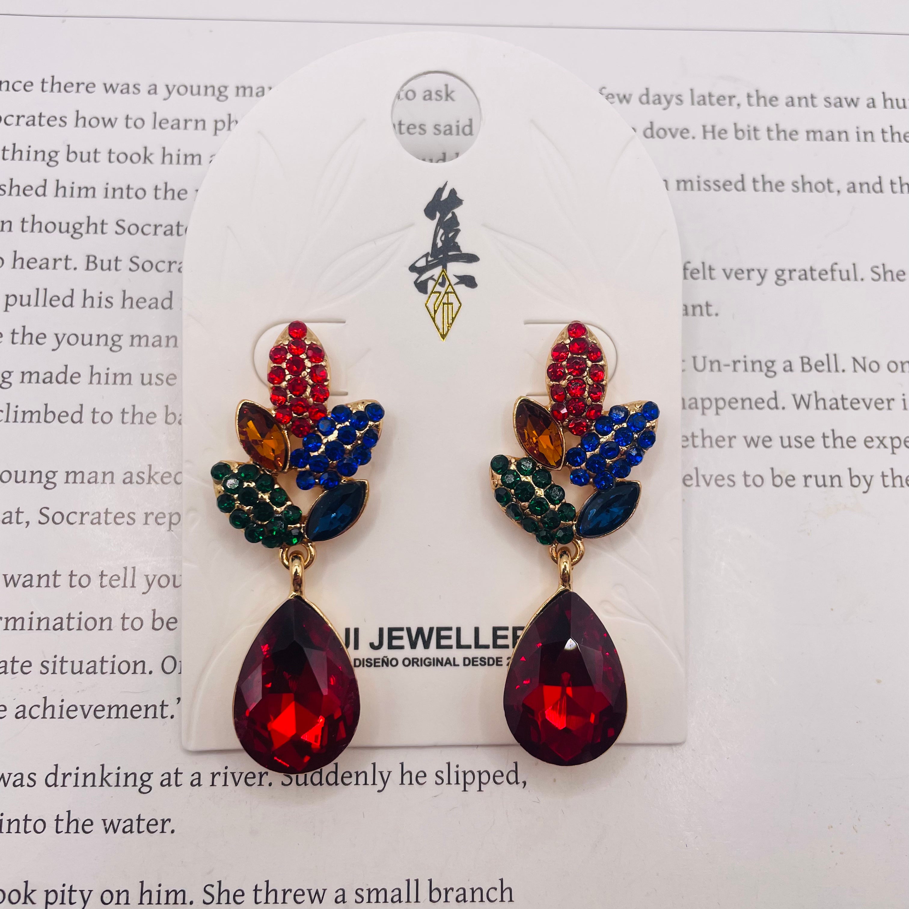 Pendientes de Cristal Multicolor con Colgante de Gota Roja - Joyería de Moda para Mujer, Diseño Floral, Baño de Oro, Venta al Por Mayor|JI JOYA