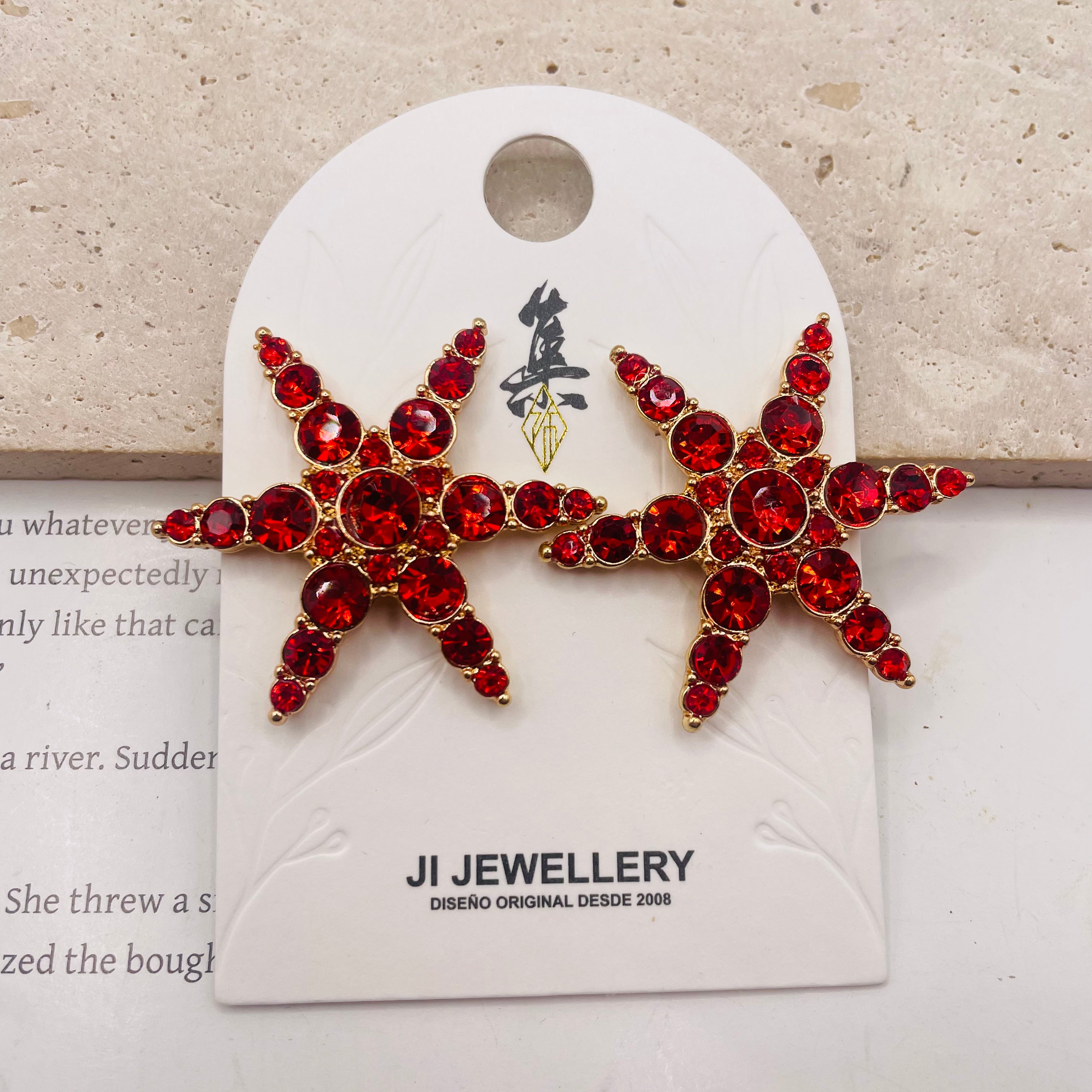 Pendientes de Estrella de Mar con Cristales de Lujo | 2 Colores (Azul & Rojo) | Bisutería al Por Mayor|JI JOYA