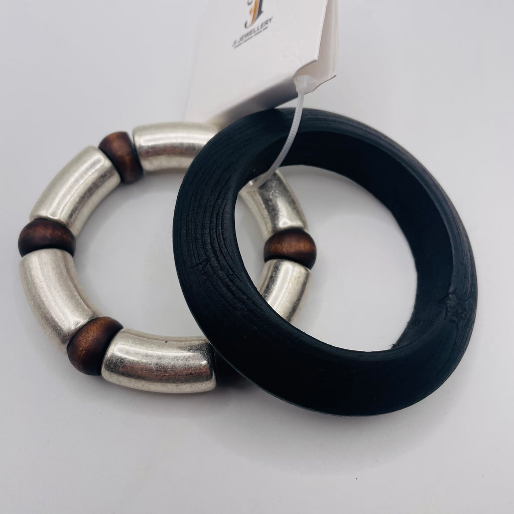 Set de 2 Brazaletes de Madera y Metal Plateado, Brazalete Artesanal para Mayoristas, Bisutería al Por Mayor|JI JOAY