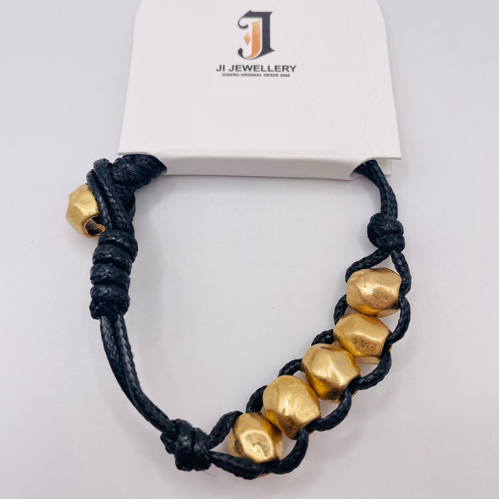 Pulsera de cuerda negra con cuentas metálicas | Accesorio de moda al por mayor| JI JOYA