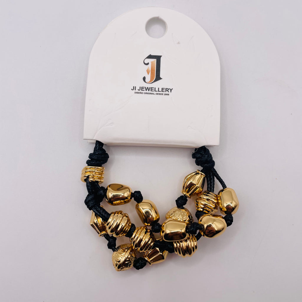 Pulsera de Cuero Negro con Cuentas Metálicas Dorada/Plateada | Accesorio Mayorista B2B| JI JOYA