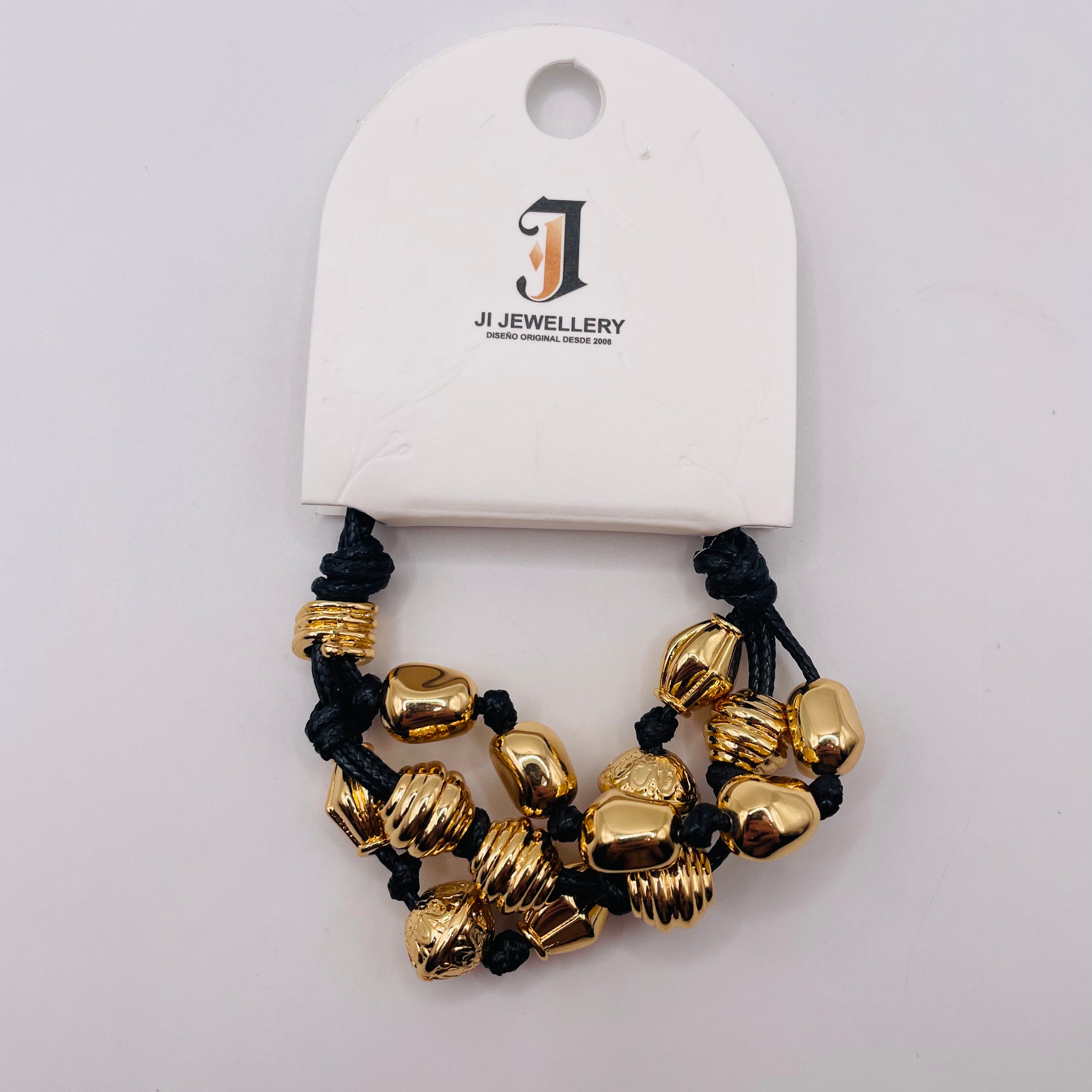 Pulsera de Cuero Negro con Cuentas Metálicas Dorada/Plateada | Accesorio Mayorista B2B| JI JOYA