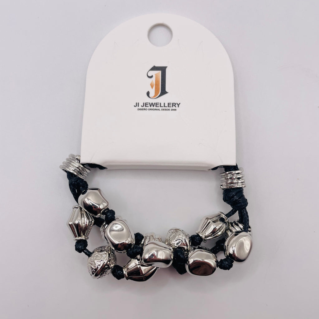 Pulsera de Cuero Negro con Cuentas Metálicas Dorada/Plateada | Accesorio Mayorista B2B| JI JOYA