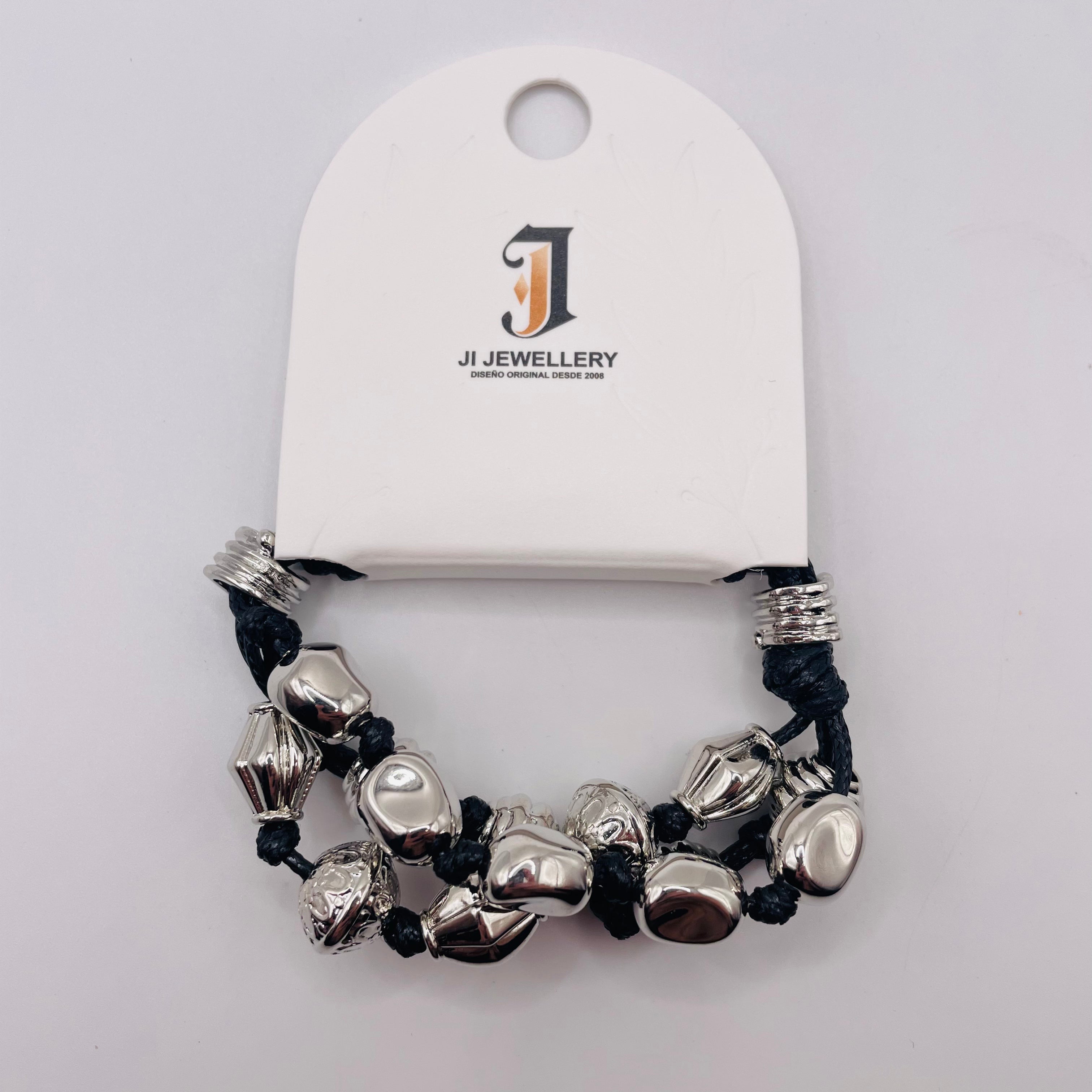 Pulsera de Cuero Negro con Cuentas Metálicas Dorada/Plateada | Accesorio Mayorista B2B| JI JOYA