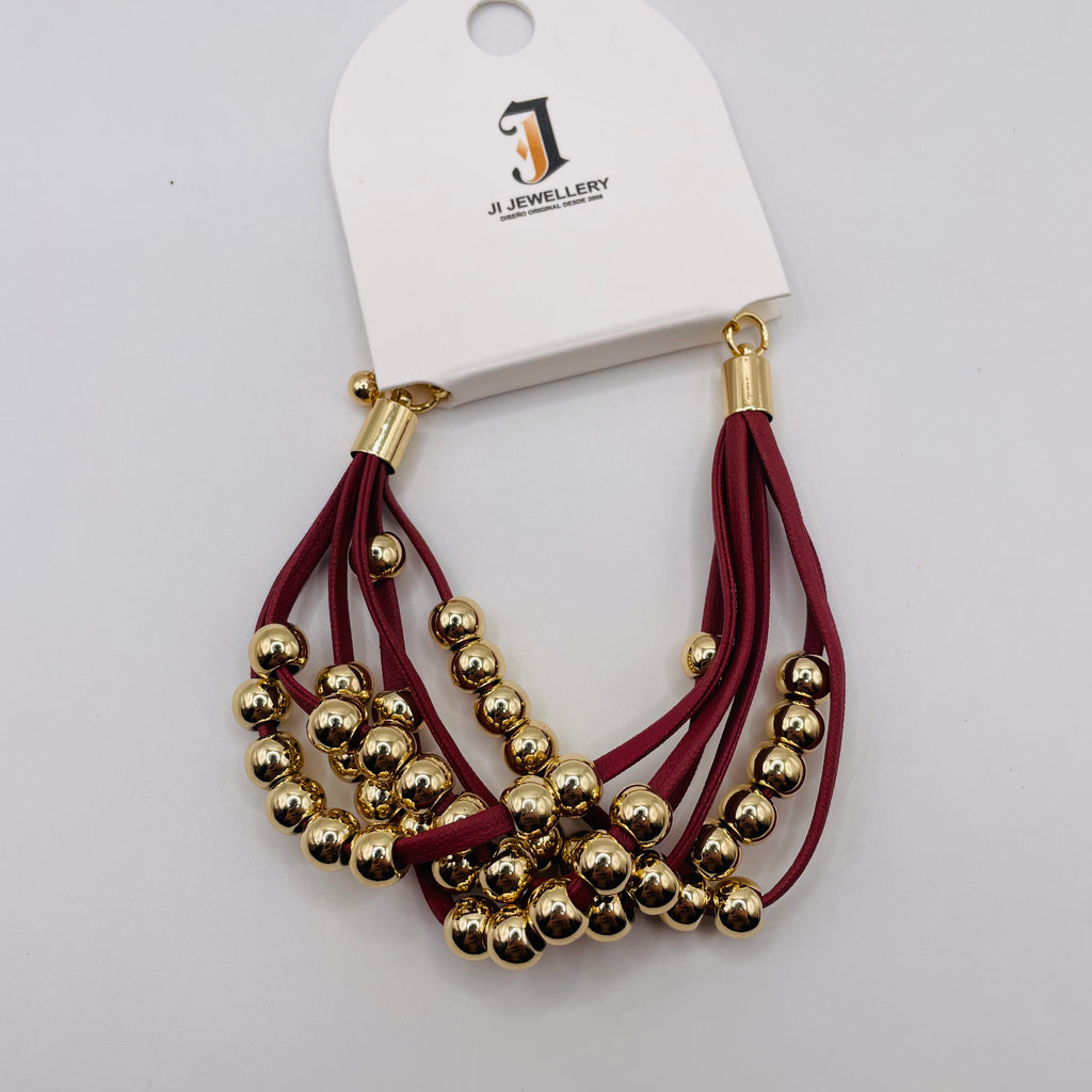 Pulsera de cuero sintético multicapa con bolas doradas, 2 colores al por mayor | JI JOYA