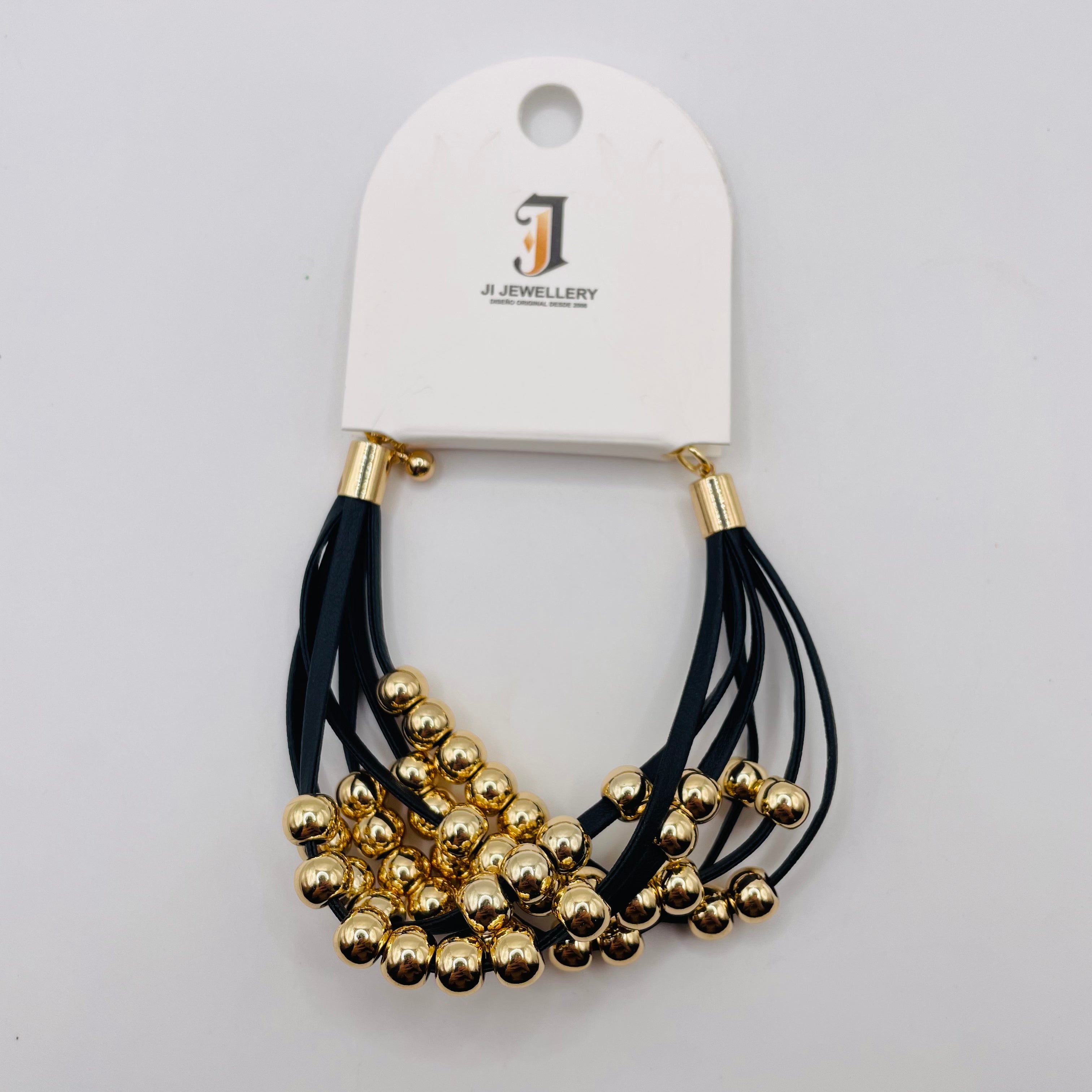 Pulsera de cuero sintético multicapa con bolas doradas, 2 colores al por mayor | JI JOYA
